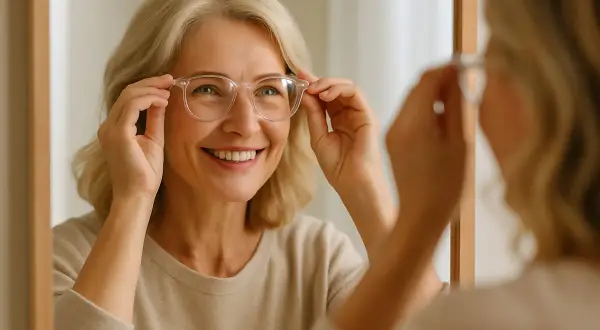 Uśmiechnięta kobieta w średnim wieku przymierza okulary. Jasne oprawki, które odmładzają, podkreślają jej promienny wygląd.