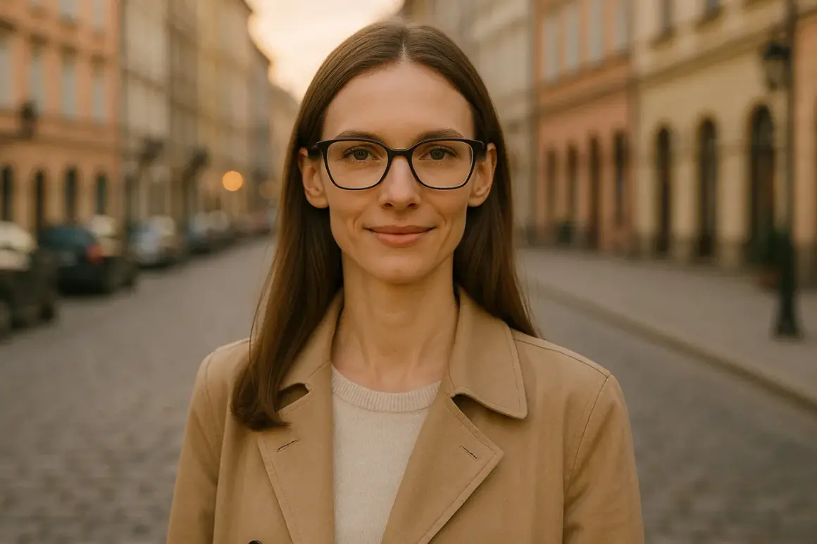 Kobieta w okularach do szczupłej twarzy, w beżowym płaszczu, stoi na ulicy.