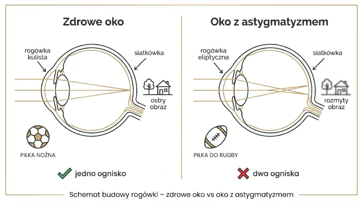 Zdrowe oko z kulistą rogówką skupia światło w jednym ognisku, dając ostry obraz. Oko z astygmatyzmem i eliptyczną rogówką tworzy dwa ogniska, co skutkuje rozmytym obrazem.