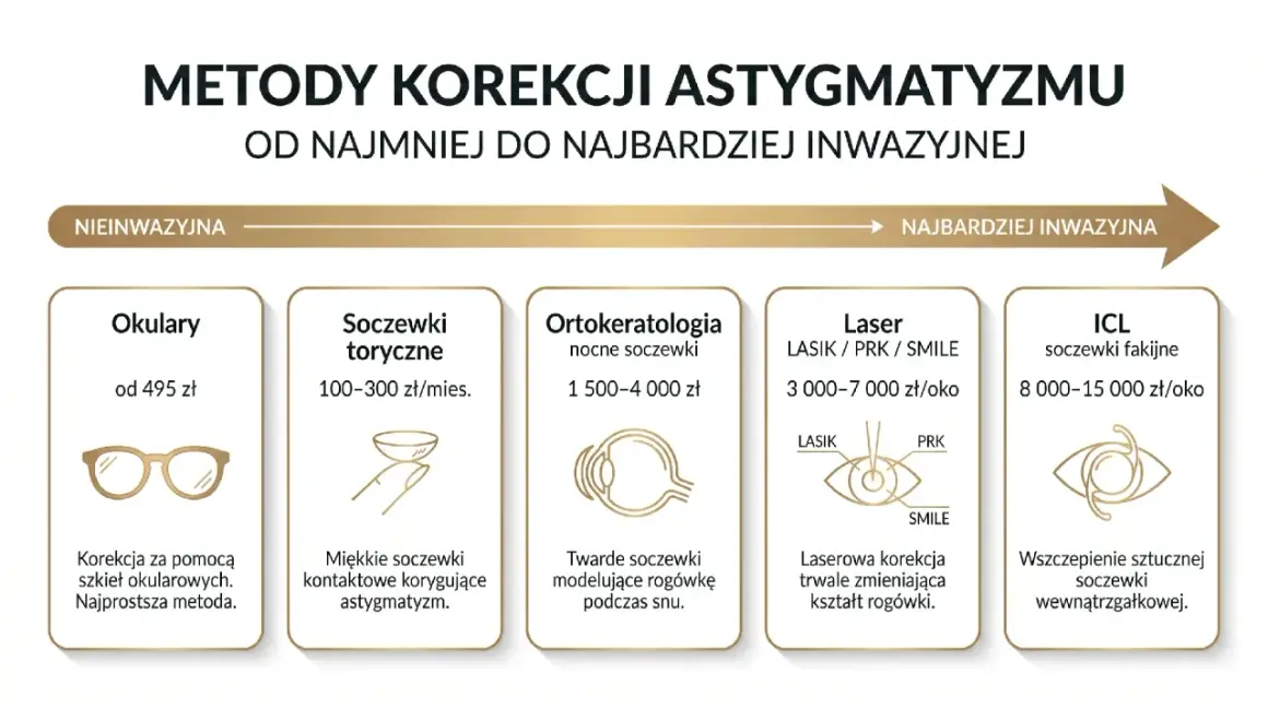 Metody korekcji astygmatyzmu krótkowzrocznego: okulary, soczewki, ortok., laser, ICL. Od najmniej do najbardziej inwazyjnych.