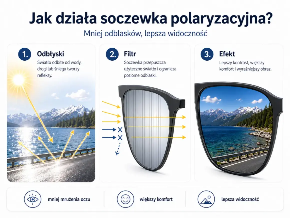 Okulary polaryzacyjne są zdrowe, bo ograniczają odblaski od wody, drogi i śniegu, zapewniając lepszą widoczność i komfort.