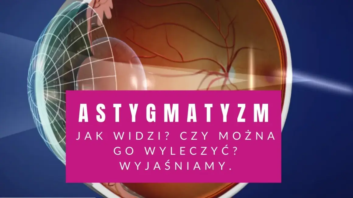 Grafika przedstawia przekrój oka, wyjaśniając problem astygmatyzmu skośnego.