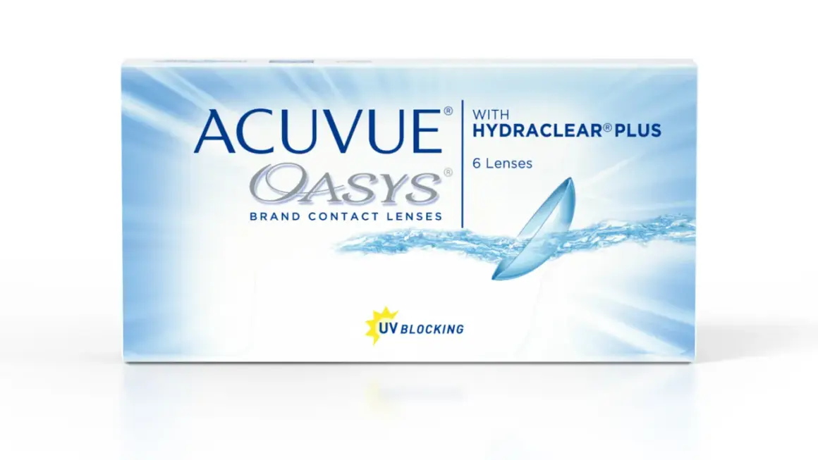 Opakowanie soczewek kontaktowych ACUVUE OASYS z technologią HYDRACLEAR PLUS. Sześć soczewek sferycznych z filtrem UV.