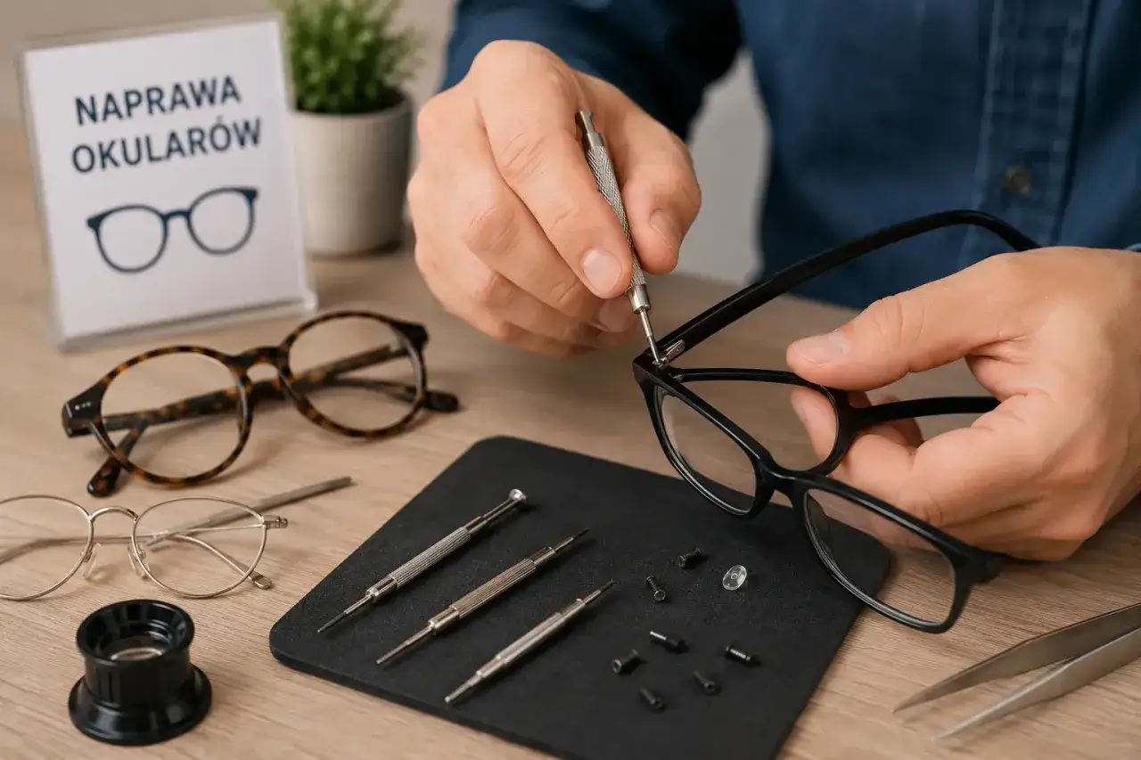 Precyzyjna wymiana zauszników w okularach. Na stole narzędzia, śrubki i różne modele okularów.