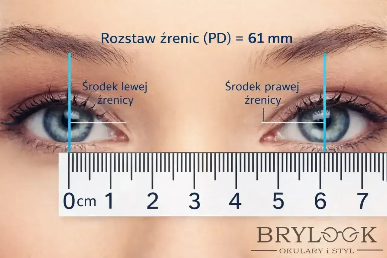 Pomiar rozstawu źrenic (PD) 61 mm. Prawidłowy rozstaw źrenic w okularach jest kluczowy.