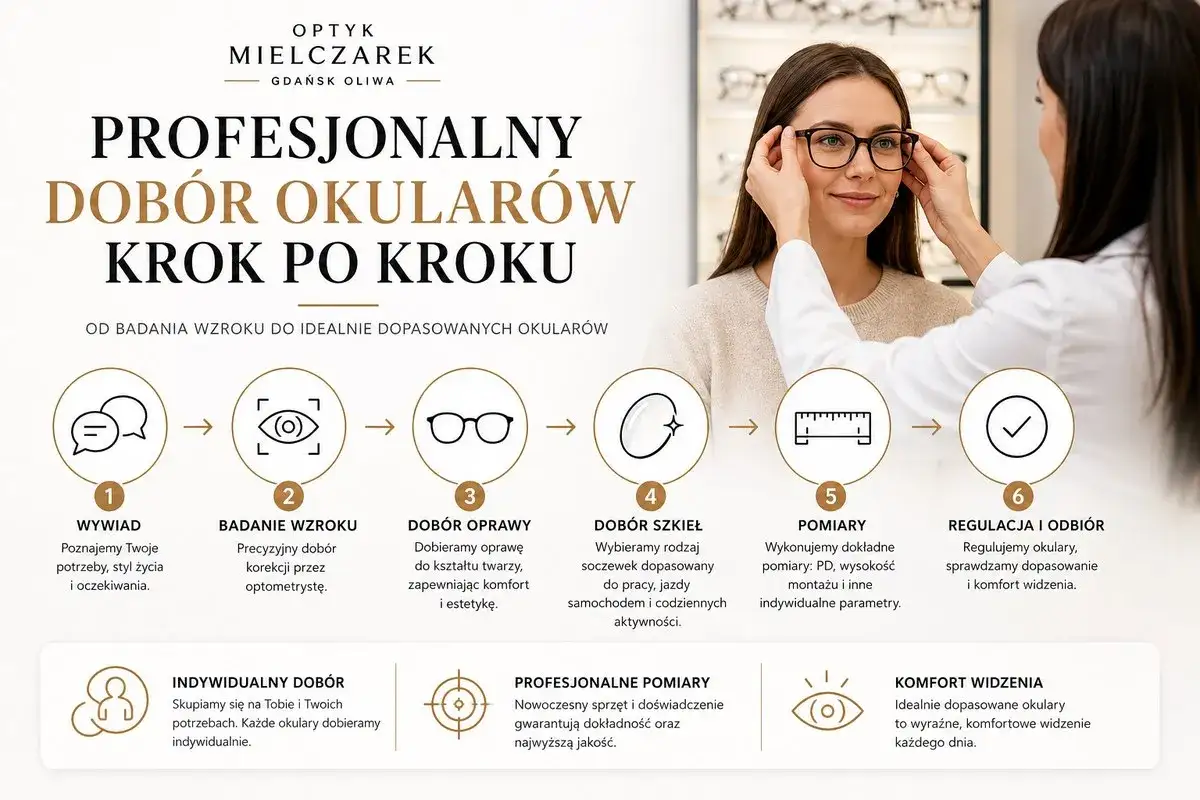 Kobieta przymierza okulary w salonie optycznym, obok schemat procesu doboru okularów.
