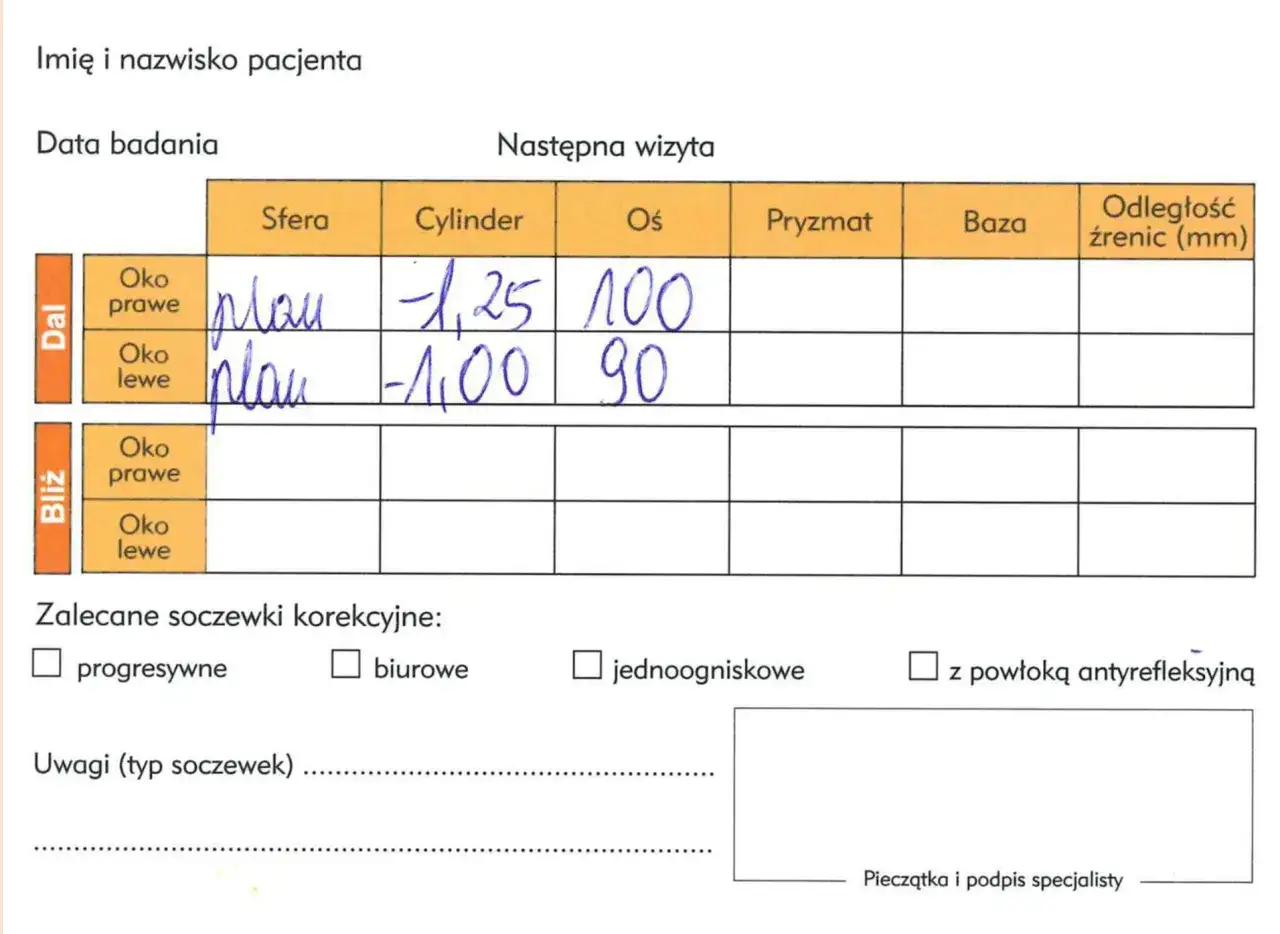 Wyniki badania wzroku: nadwzroczność i astygmatyzm razem. Prawe oko: sfera, cylinder -1,25, oś 100. Lewe oko: sfera, cylinder -1,00, oś 90.