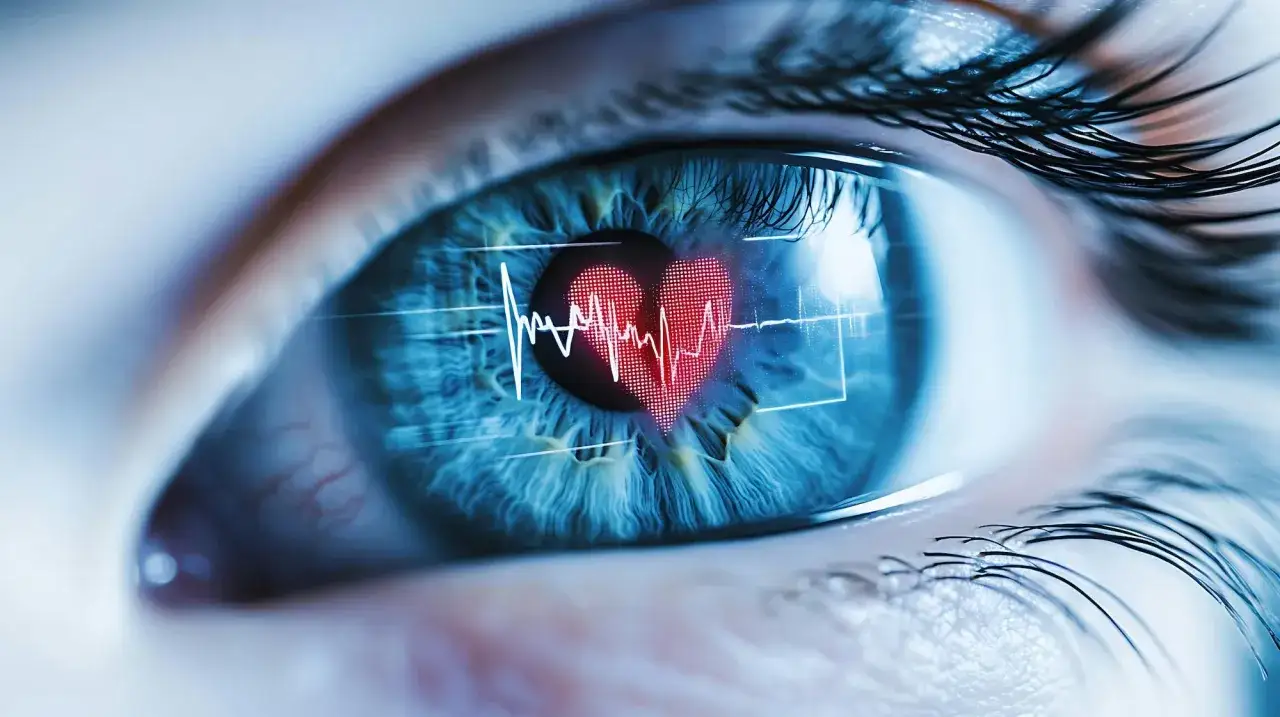 Niebieskie oko z odbiciem serca i EKG. Widok z bliska, gdzie oczy blisko siebie tworzą fascynujący obraz.