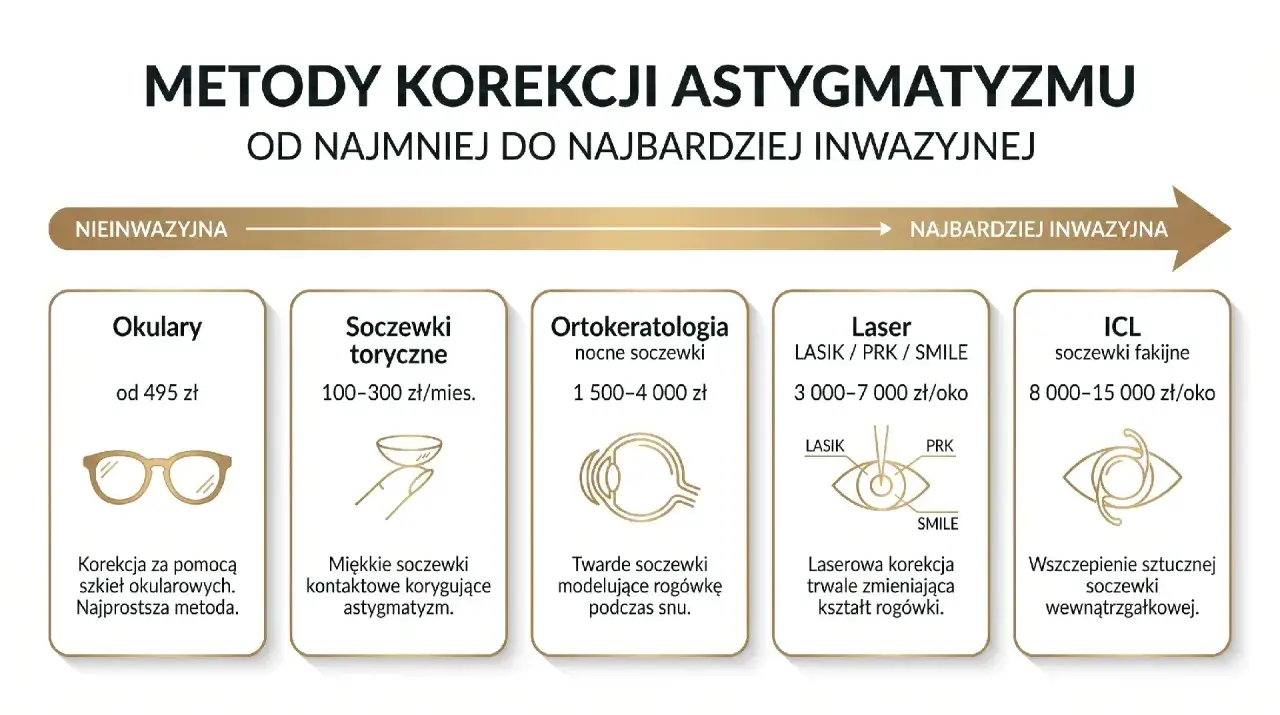 Okulary to najprostsza metoda korekcji astygmatyzmu, gdzie oś w okularach jest dopasowana do wady.