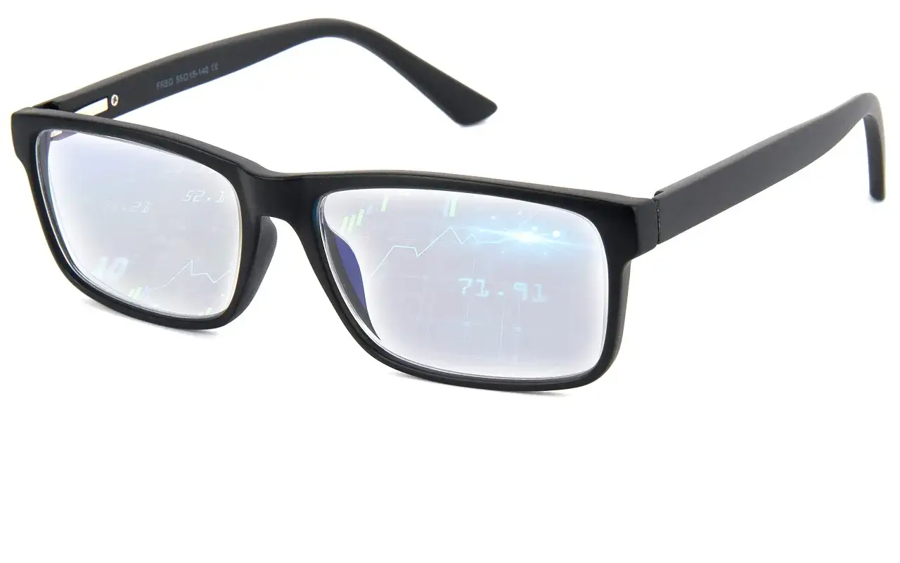 Czarne okulary z grafiką giełdową na soczewkach. Czy warto zainwestować w okulary blokujące niebieskie światło?