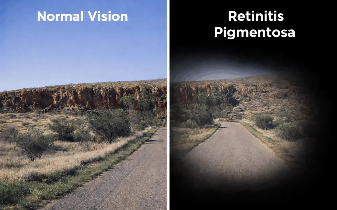 Porównanie widzenia: normalne vs. retinopatia barwnikowa. Po prawej stronie obraz jest ciemniejszy, z utratą widzenia peryferyjnego.