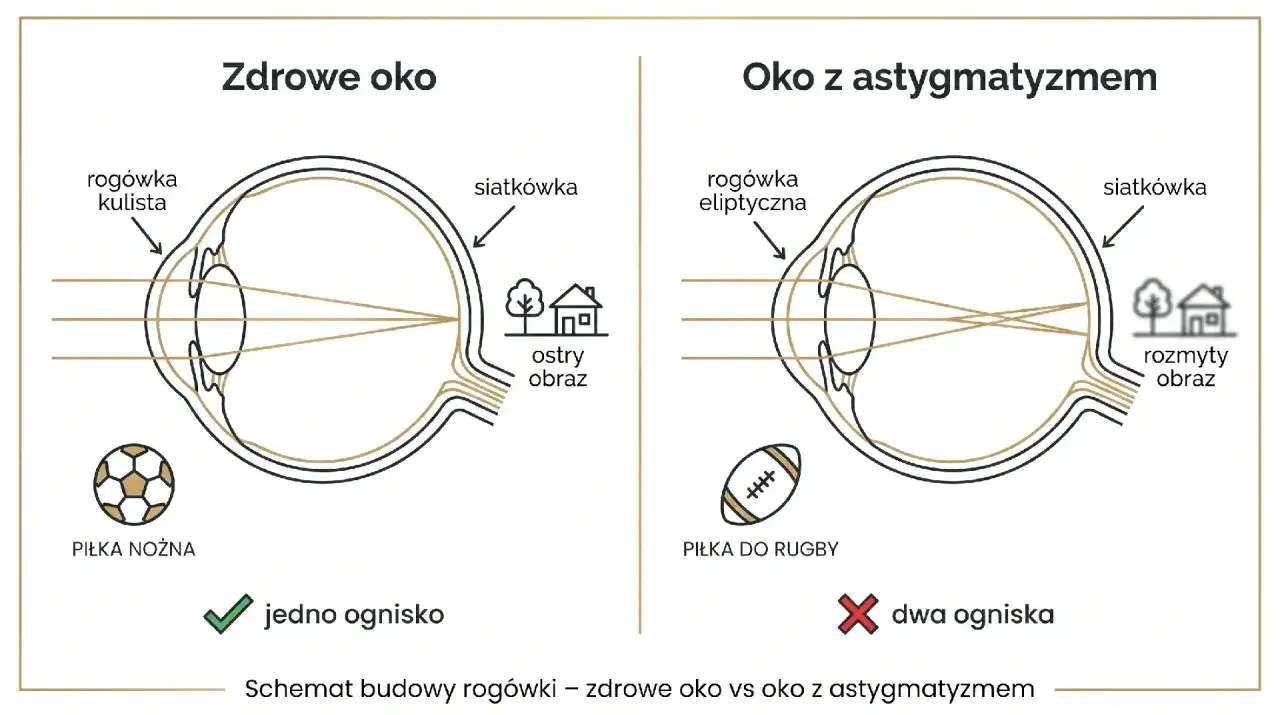 Zdrowe oko z kulistą rogówką skupia światło w jednym ognisku, dając ostry obraz. Oko z astygmatyzmem nieregularnym ma eliptyczną rogówkę, co powoduje rozmyty obraz.