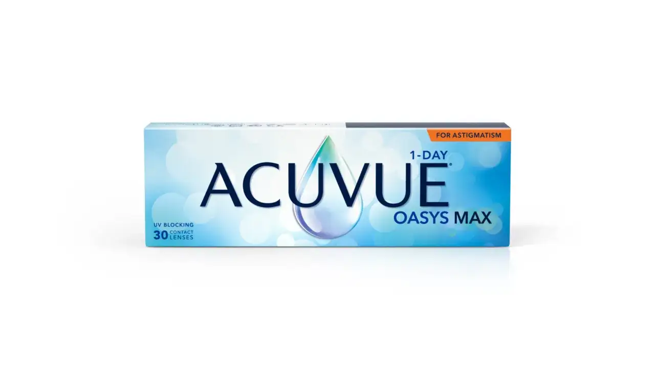Opakowanie soczewek ACUVUE OASYS MAX 1-DAY dla astygmatyków. 30 sztuk soczewek z filtrem UV.