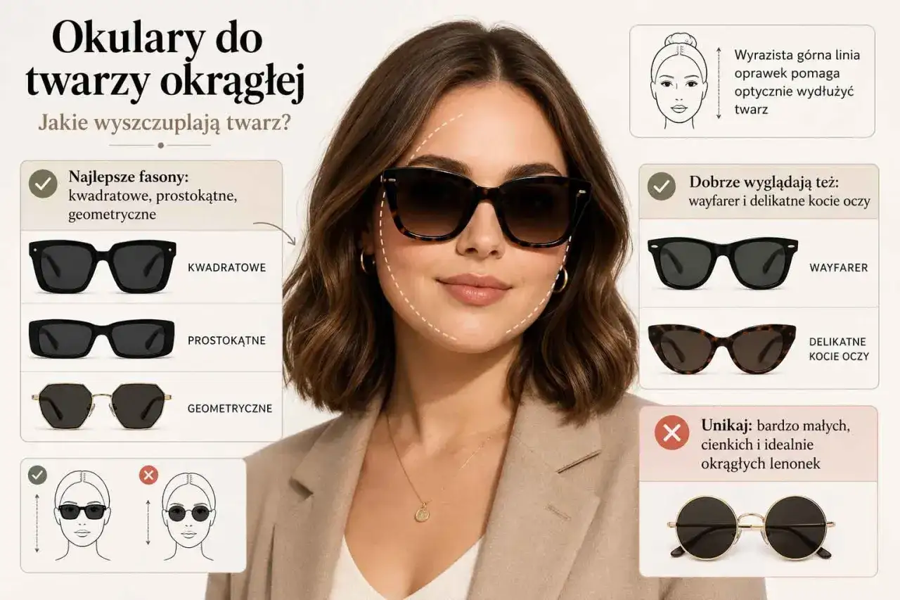 Kobieta prezentuje oprawki do okularów przeciwsłonecznych, które wyszczuplają okrągłą twarz. Pokazano kwadratowe, prostokątne i geometryczne fasony.