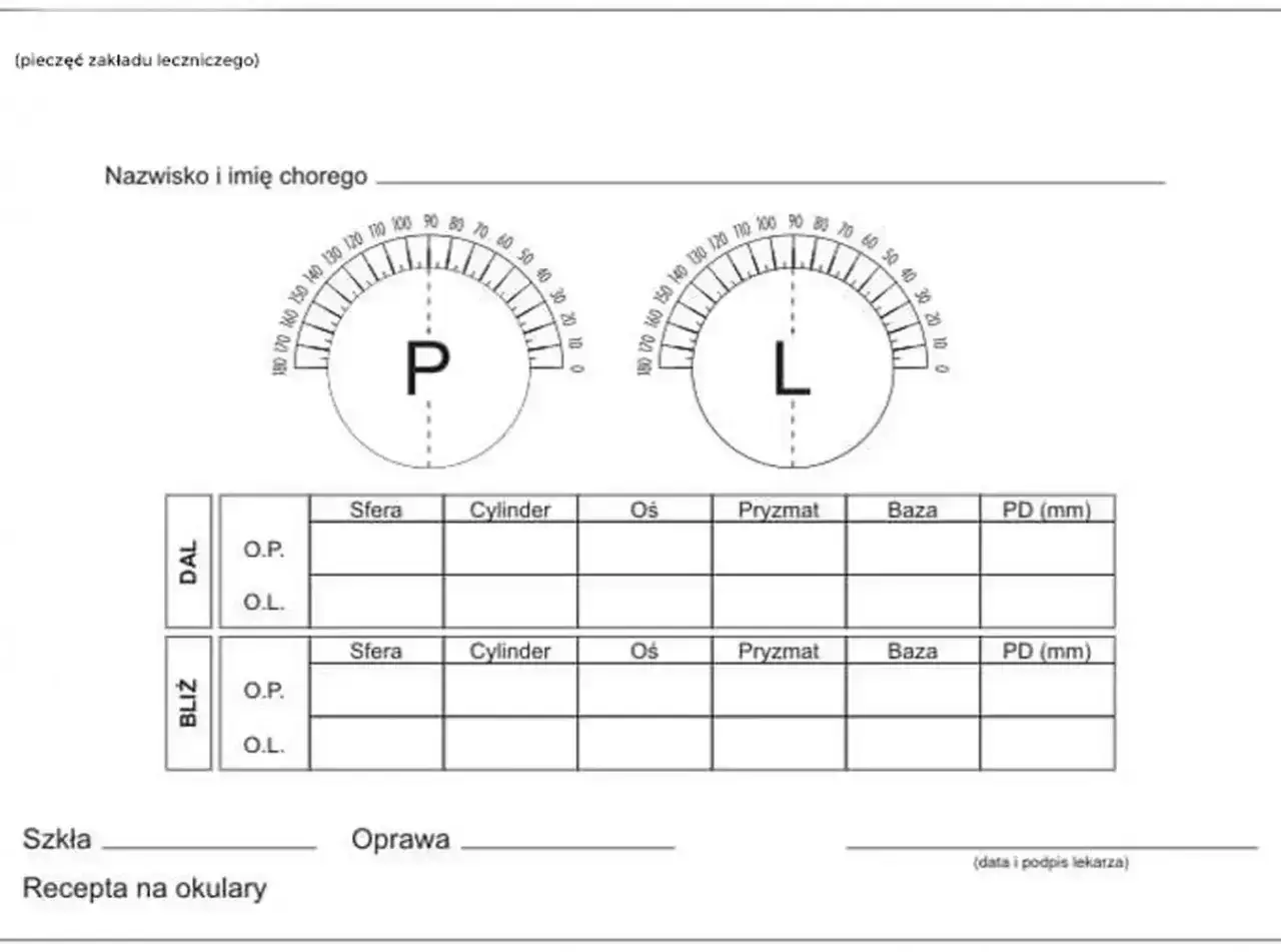 Formularz recepty na okulary z polami do wpisania danych, jak czytać receptę na okulary, uwzględniający sferę, cylinder, oś, pryzmat i bazę dla oka prawego (P) i lewego (L).