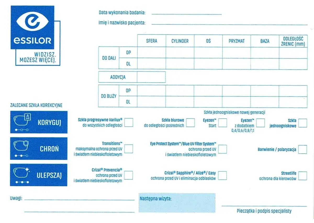 Formularz badania wzroku z polami do wpisania danych, w tym przeliczanie cylindrów. Zawiera sekcje dotyczące soczewek i ich ochrony.