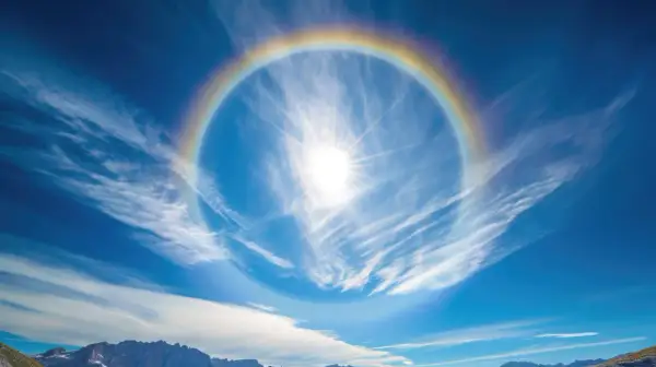 Słońce otoczone tęczowym halo na tle błękitnego nieba z chmurami. Jak usunąć efekt halo? To zjawisko atmosferyczne, nie da się go usunąć.