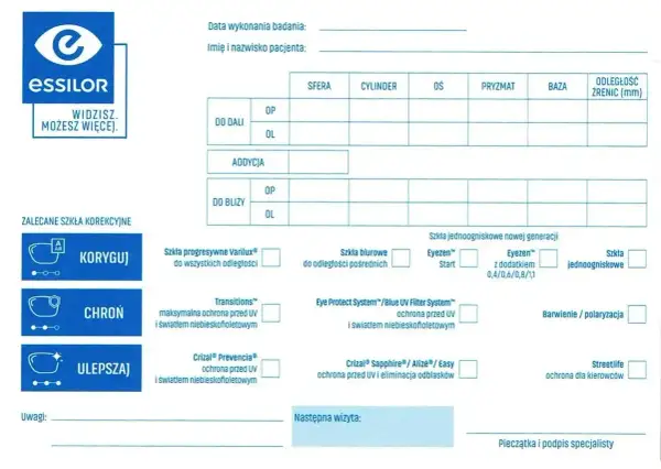 Formularz badania wzroku z polem "ADDYCJA", które określa, co to jest dodatek do korekcji widzenia.