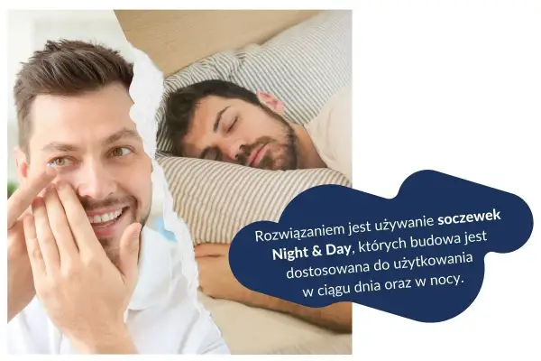 Mężczyzna zakłada soczewkę kontaktową, obok śpi inny mężczyzna. Rozwiązaniem jest soczewka Night & Day, idealna na dzień i noc, nawet na drzemkę kontaktową.
