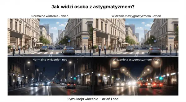 Symulacja widzenia pokazuje, na czym polega astygmatyzm: rozmyte obrazy i poświaty wokół świateł, zarówno w dzień, jak i w nocy.
