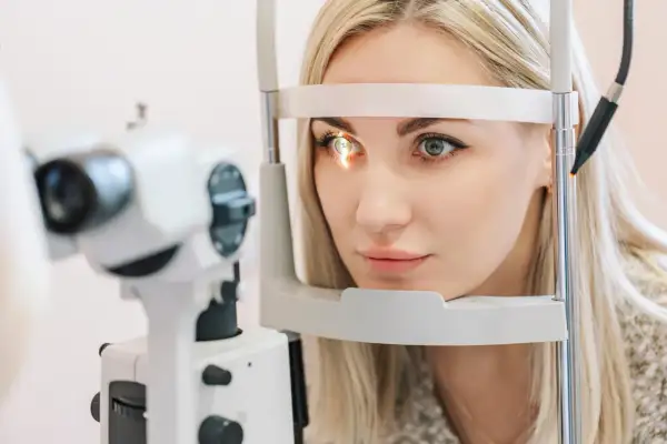 Kobieta z blond włosami poddawana badaniu wzroku. Okular na jedno oko jest częścią urządzenia diagnostycznego.