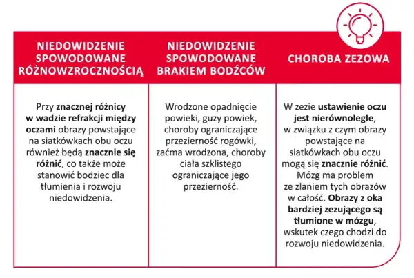 Różnice w wadzie refrakcji, wrodzone wady powiek i zez mogą prowadzić do niedowidzenia.