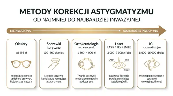 Metody korekcji astygmatyzmu krótkowzrocznego: okulary, soczewki, ortok., laser, ICL. Od najmniej do najbardziej inwazyjnych.