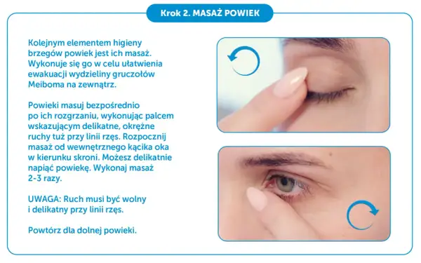 Delikatne wyciskanie gruczołów Meiboma poprzez masaż powiek. Palcem wskazującym wykonuje się okrężne ruchy przy linii rzęs.