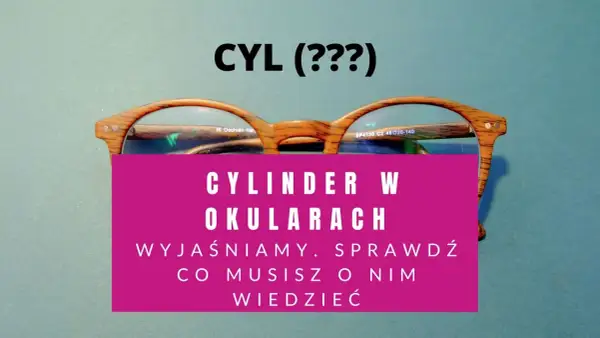 Okulary z drewnianymi oprawkami i tekstem "CYLINDER W OKULARACH". Wyjaśniamy, co musisz wiedzieć o szkłach cylindrycznych minusach.