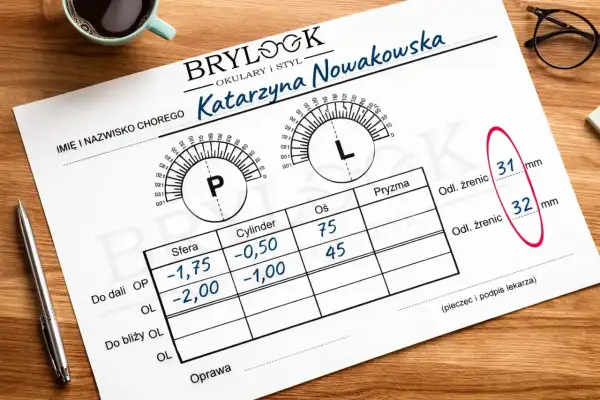 Recepta okularowa Katarzyny Nowakowskiej. Wskazuje parametry soczewek, w tym "Oś" (75 i 45 stopni), co jest kluczowe dla prawidłowego ustawienia okularów.