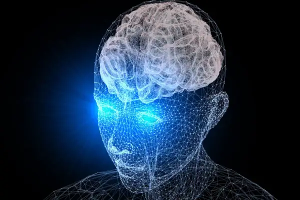 Siatka neuronowa ludzkiej głowy z błyszczącymi oczami, symbolizująca zaburzenia widzenia obuocznego objawy i problemy z percepcją.