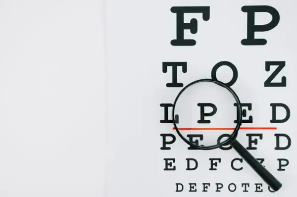 Tablica optometryczna z lupą, badanie wzroku ujawnia astygmatyzm nieregularny.